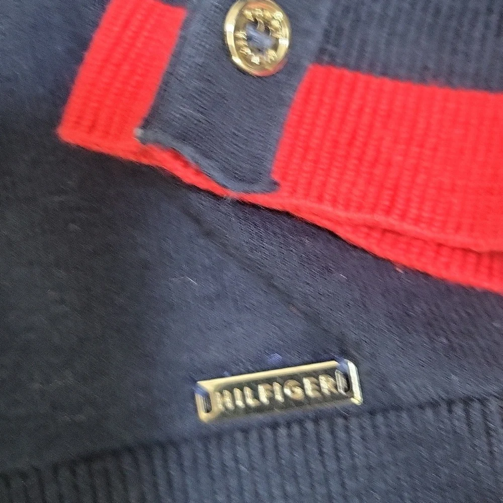 TOMMY HILFIGER Red White Blue Colorblock Silver Button Turtleneck Sweater